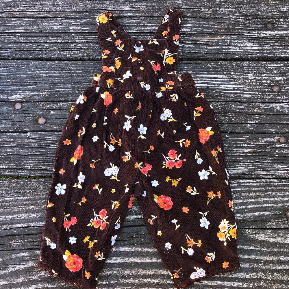 Charter Club Baby Girls Fall Brown Floral Corduroy Overalls  Size 12 Months